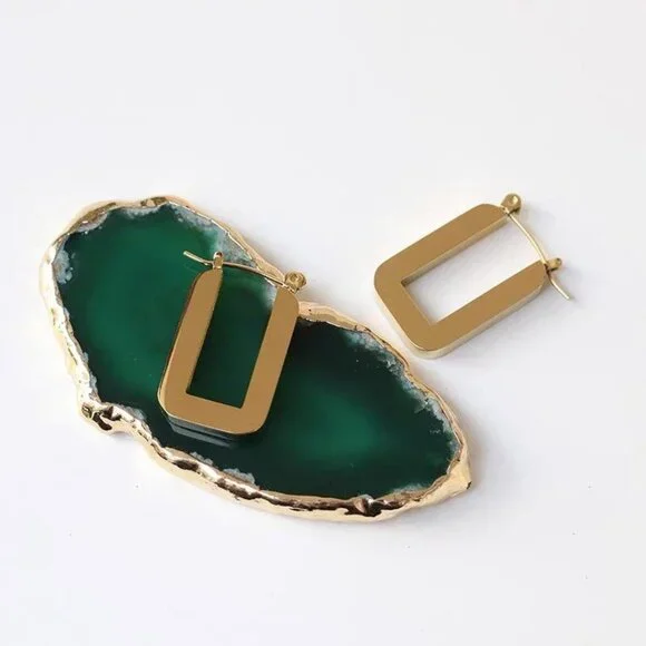 18k Gold Plated Thick Chunky Hollow Square Circle Geometric Gold Hoop Earrings - Picture 2 of 7